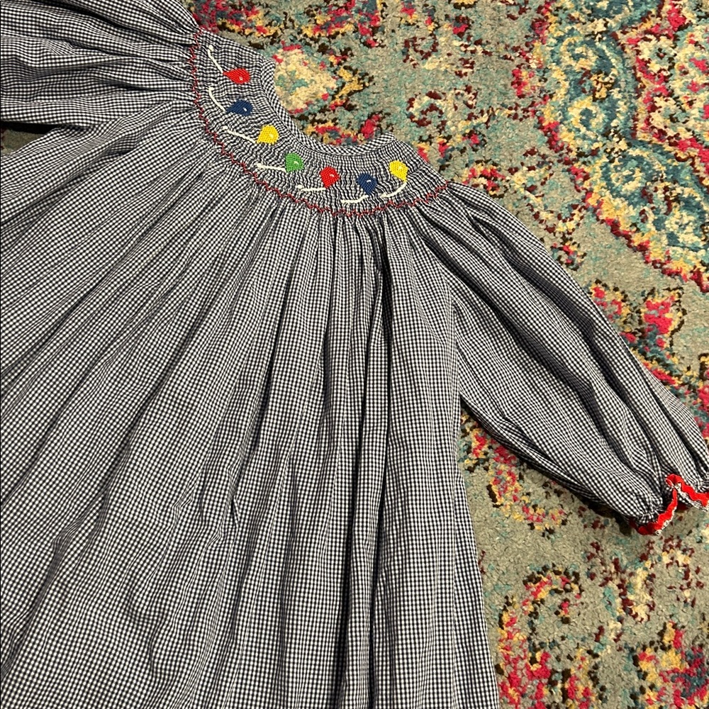 Smocked balloon dress 4T happy birthday blue Gingham k7050 - Picture 1 of 5